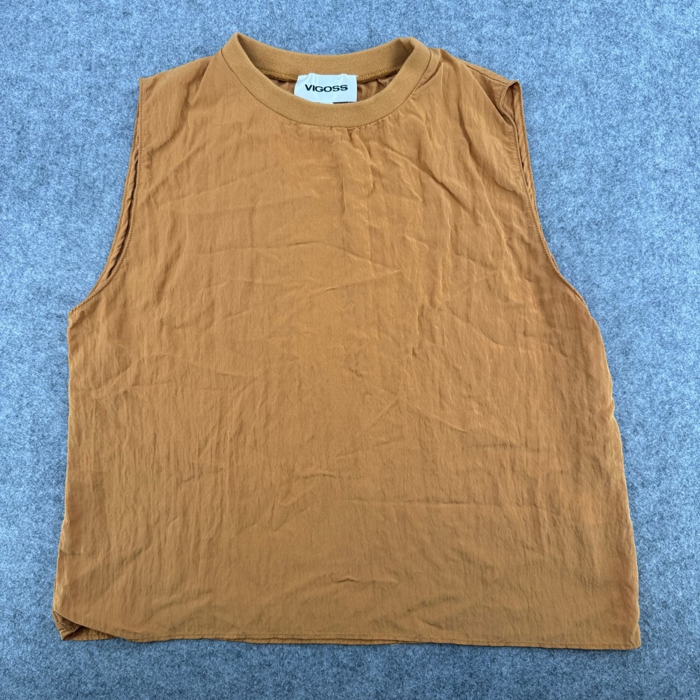 Tan Sleeveless Crew Neck Crinkle Vigoss Tank Top Womens M Mustard